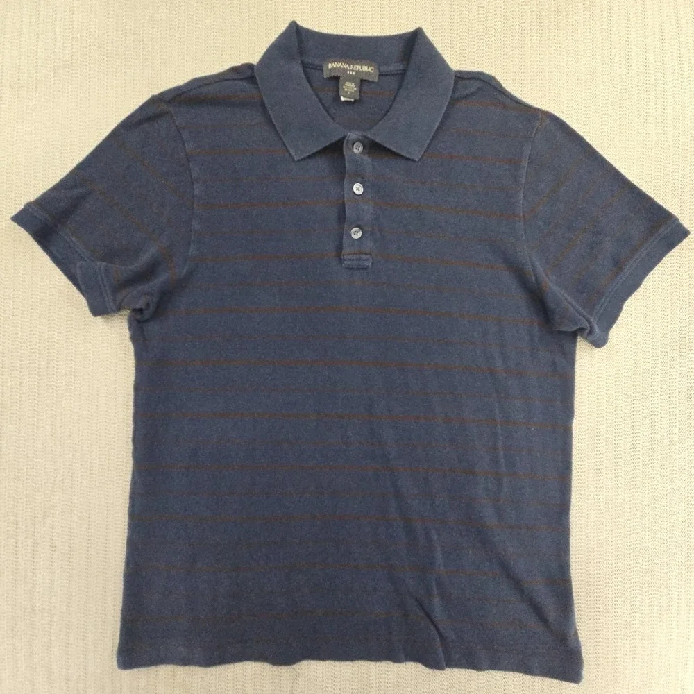 Banana Republic Polo Shirt Mens Large Blue Stripe 100% Cotton Short Sleeve